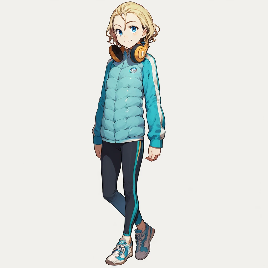 score_9, score_8_up, score_7_up, patricia birdway, toaru, 1girl, 1girl, solo, blonde hair, headphones around neck, blue eyes, headphones, smile, shoes, white background, full body, short hair, simple background, looking at viewer, pants, jacket, standing, sneakers, leggings, long sleeves