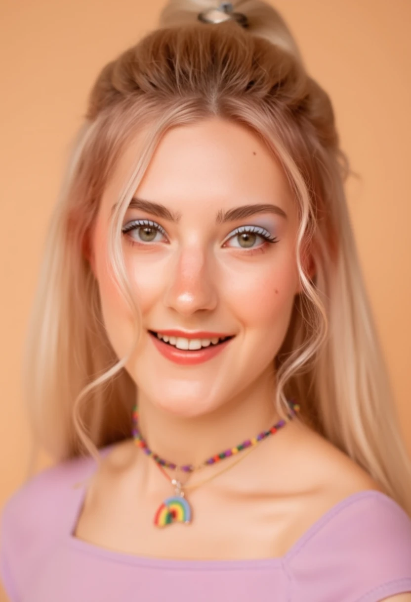 p3r5on smiling, wearing lavender top, choker with rainbow pendant, in a studio setting with a beige background, composed in a three-quarter view, with a close-up of her face and upper body.