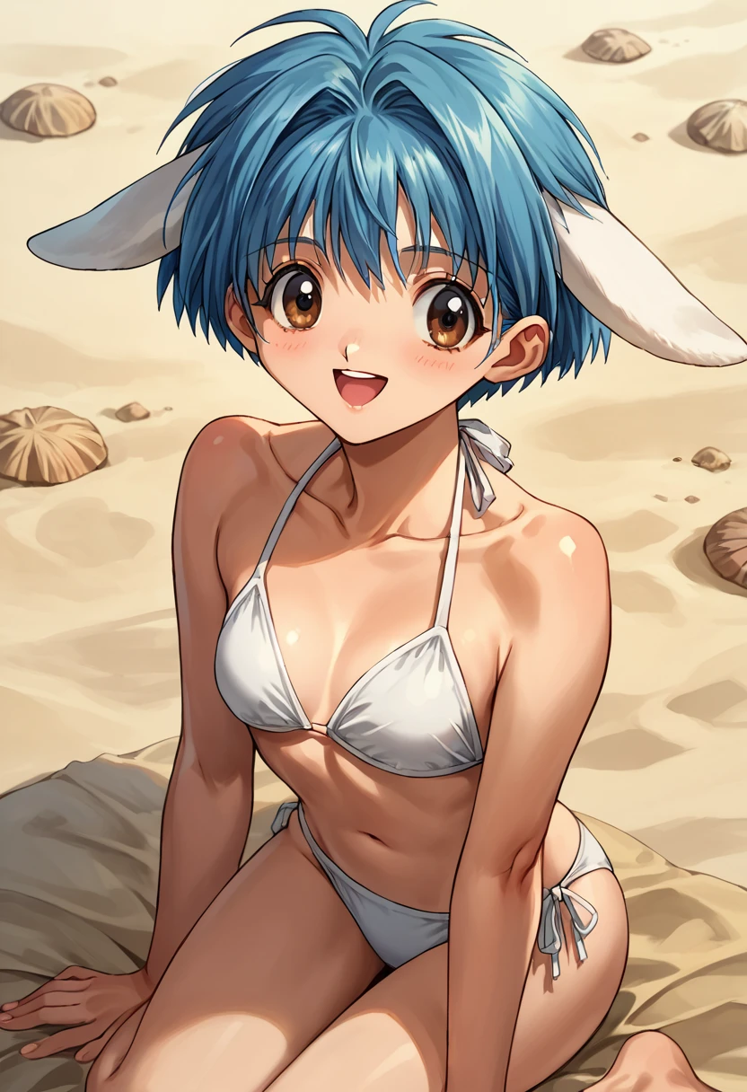 score_9, score_8_up, score_7_up, rating_safe, source_anime BREAK 1girl, solo, ga_mint, (extra ears, white animal ears:1.4), (1990s\(style)\:0.5), short, petite, kawaii, bikini, white color bikini, blue hair, short hair, bangs, brown eyes, looking at you, smile, open mouth, sandy beach <lora:ga_mint:1> <lora:cnv3mdde878c738thn20:0.5>