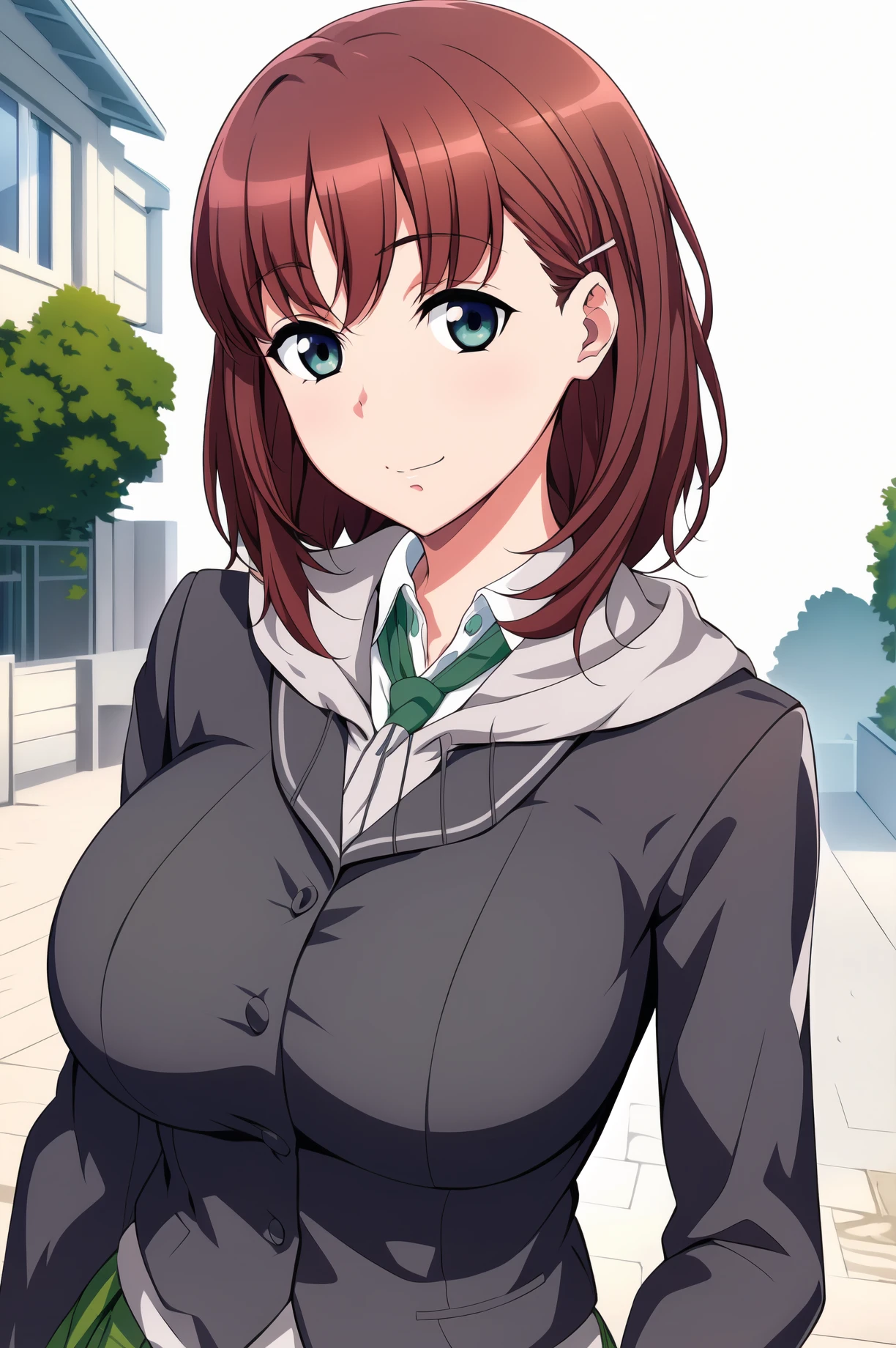 Simple Background,(White_Background:1.1),
dynamic pose,standing at attention,
school uniform,  collared shirt, hooded jacket, long sleeves, 
<lora:Mio_Natsume_JustBecause-KK77-V1:0.7>,Green tie, green pleated skirt, 
blue eyes, brown hair,bangs,short hair,hair ornament, hairclip,
<lora:more_details:0.1>,<lora:NovelAI_YesMix5_KKStyle-KK77-Yes5-V1:0.3>,<lora:Oda_Non_Style2-KK77-Yes5-V1:0.3>,
1 girl, 20yo,Young female,Beautiful long legs,Beautiful body,
Beautiful Nose,Beautiful character design, perfect eyes, perfect face,expressive eyes,perfect balance,
looking at viewer,(Focus on her face),closed mouth, (innocent_big_eyes:1.0),(Light_Smile:0.3),
official art,extremely detailed CG unity 8k wallpaper, perfect lighting,Colorful, Bright_Front_face_Lighting,White skin,
(masterpiece:1.0),(best_quality:1.0), ultra high res,4K,ultra-detailed,
photography, 8K, HDR, highres, absurdres:1.2, Kodak portra 400, film grain, blurry background, bokeh:1.2, lens flare, (vibrant_color:1.2),professional photograph,
(Beautiful,large_Breasts:1.4), (beautiful_face:1.5),(narrow_waist),