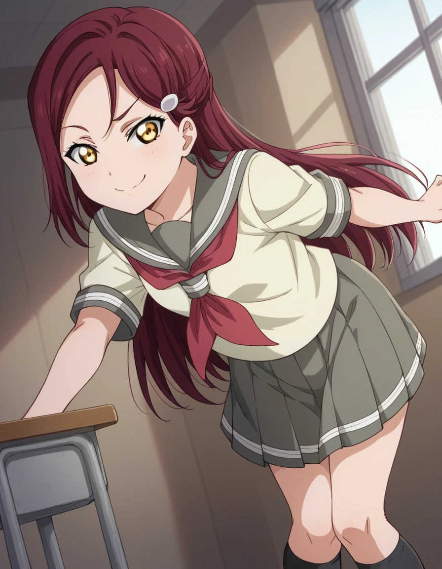 score_9, score_8_up, score_7_up, source_anime, <lora:riko-sakurauchi-s2-ponyxl-lora-nochekaiser:1>, riko sakurauchi, long hair, hair ornament, yellow eyes, red hair, hairclip,, skirt, school uniform, short sleeves, pleated skirt, serafuku, socks, neckerchief, kneehighs, black socks, red neckerchief, grey skirt, uranohoshi school uniform,, indoors, bent over, smile, smug, looking at viewer, solo,, cowboy shot, dutch angle