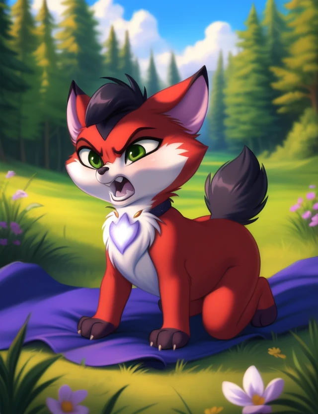 <lora:AmaruEvilLoliRockYif:1> AmaruEvilLoliRock, green eyes, black tail, red fur,  black hands, (red belly, claws,) chibi,   angry, (all fours, cowgirl position,)
[ the sun is shining, (glade,) forest, grass, stars, lake, day, , clouds, flowers, blanket, blue pillows, candles,] 
(beautiful, aesthetic, perfect, delicate, intricate, saturated colors), masterpiece, digital drawing, best quality,
[by personalami], by smitty g, [[[by Foxovh]]], [[by Ross Tran]]