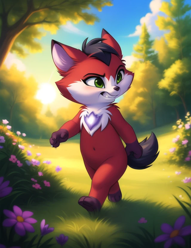 <lora:AmaruEvilLoliRockYif:1> AmaruEvilLoliRock, green eyes, black tail, red fur,  black hands, (red belly, claws,) chibi,   ,(walking )
[ the sun is shining, (glade,) forest, grass, stars, lake, day, , clouds, flowers, blanket, blue pillows, candles,] 
(beautiful, aesthetic, perfect, delicate, intricate, saturated colors), masterpiece, digital drawing, best quality,
[by personalami], by smitty g, [[[by Foxovh]]], [[by Ross Tran]]