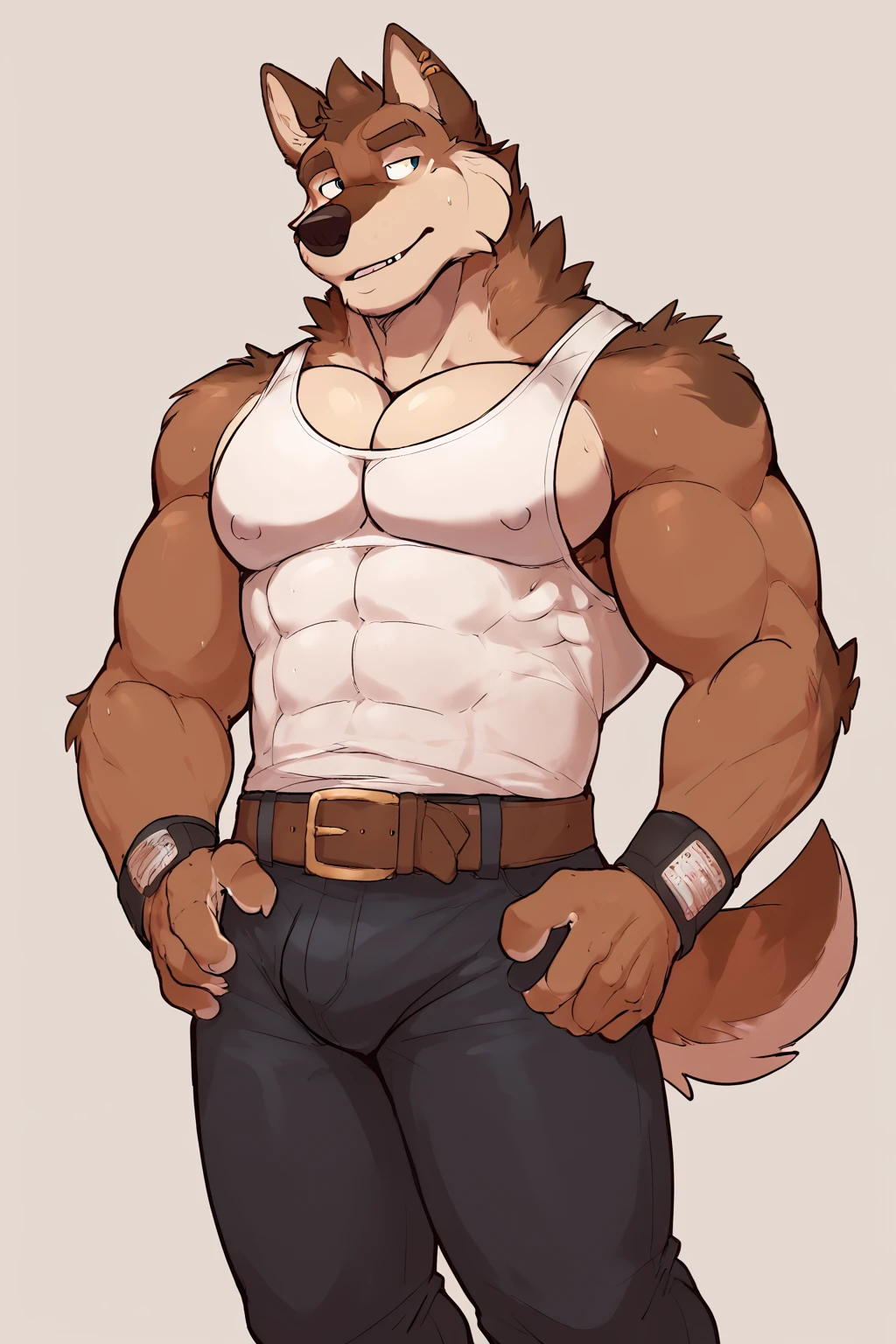 (masterpiece, 4K, ultra detailed), bear furry, masculine, white fur, short haircut, athletic, shirtless, white background, handsome, soft smile, single, brown eyes, age, anime, illustration, simple colors, blue jeans, bulge