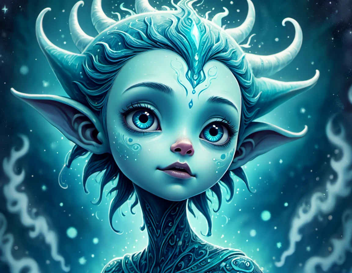 cartoon An ethereal humanoid figure with pale skin and a distinct blue mark on the forehead, set against a backdrop of swirling, mystical colors. The digital painting captures the creatureâs otherworldly presence in intricate detail., highly detailed, Icy, Starlight, Teal, Art by Smai-Lee