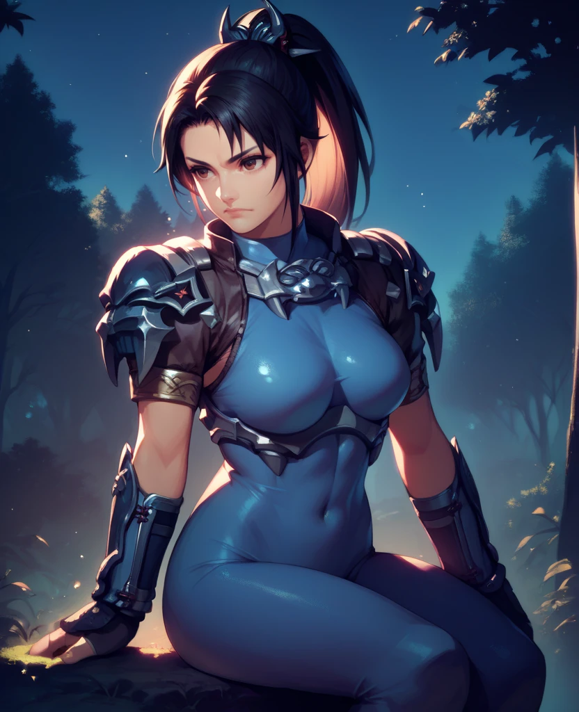 score_9, score_8_up, score_7_up, score_6_up, black hair,brown eyes,ponytail,hair ornament,
blue  bodysuit,serious,shoulder armor,arm guards,skin tight, light smile,  
edo period, night, evening,  forest,  
sitting, 
solo,   
<lora:TakiSC6-11XL:0.9>,