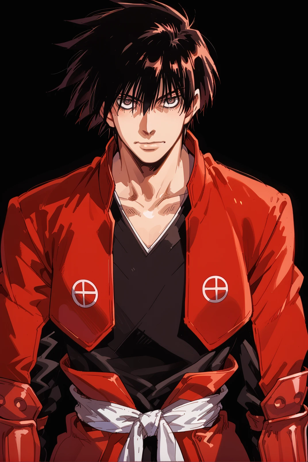 1boy, solo, shimazu_toyohisa_\(drifters)\,black hair, black shirt, red japanese armor, red japanese clothes, kusazuri, cowboy shot, black background, looking at viewer, thick lineart <lora:shimazu_toyohisa-000019:0.85>  <lora:hellsing_ultimate_style:0.7> hellsing_ultimate_style, score_9, score_8_up, score_7_up, score_6_up