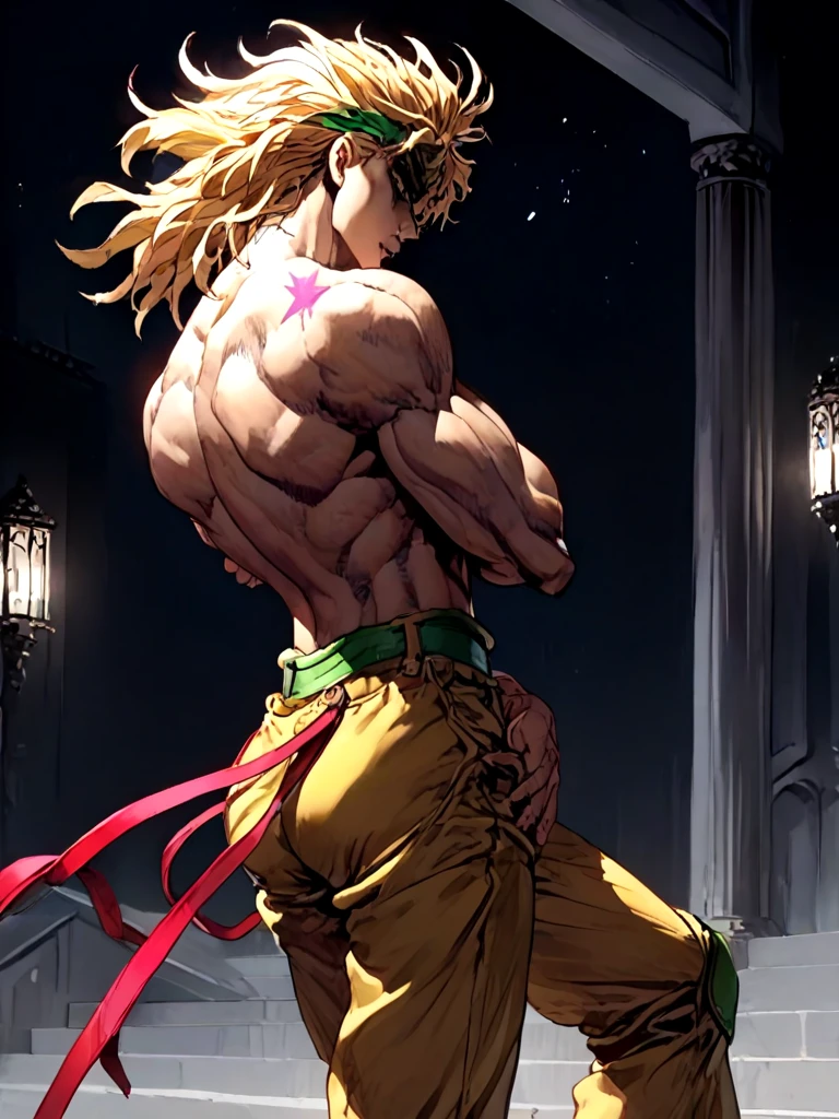 ((black background)), close-up, dio_brando's_pose_\(jojo\), birthmark \(joestar\), ear birthmark, looking at viewer, jojo pose, stepped on staris, night, wind, indoors, vampire, off shoulder, blonde hair, headband, green belt, yellow pants, topless male, muscular male, narrow waist, evil smile, bare back. shaded face, looking back, full body, <lora:dioandhisstarbirthmark_pony:1>