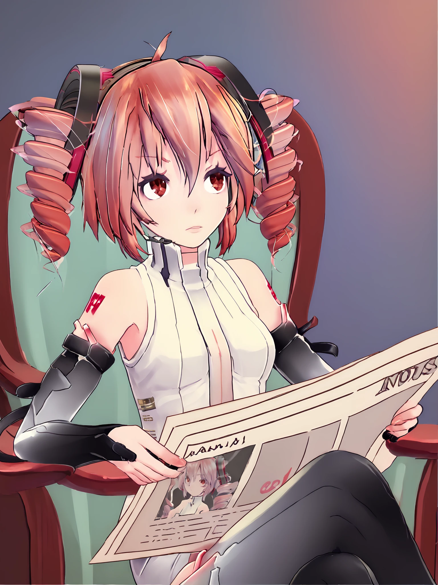 score_9, score_8_up, score_7_up,
masterpiece, best quality,highres, absurdres, very authentic,
1girl, solo,<lora:TDAteto_1:1>, TDAteto, kasane teto, red eyes, drill hair, twin drills, red hair, ahoge, vocaloid append, headphones,
TomReadingTheNewspaper, sitting, newspaper, chair, reading, <lora:TomReadingTheNewspaper_XLPD:1>