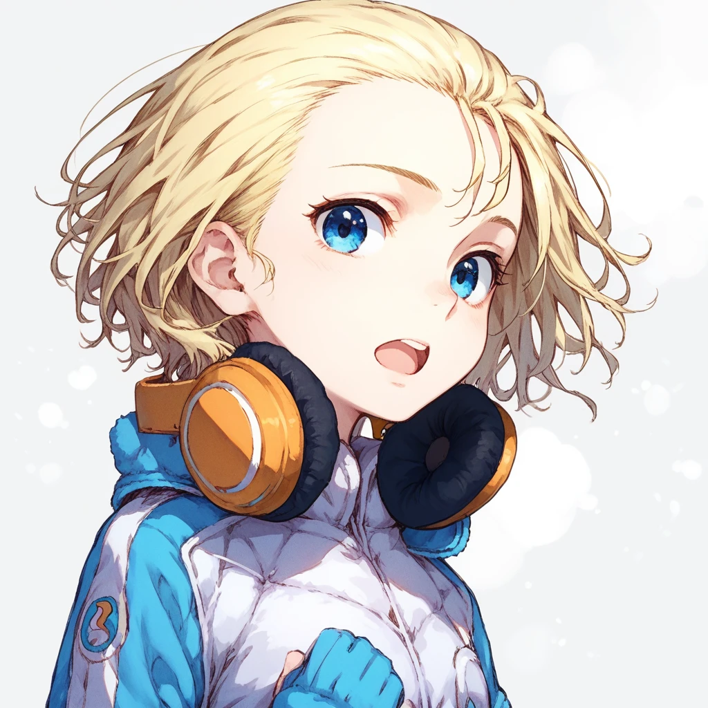 score_9, score_8_up, score_7_up, patricia birdway, toaru, 1girl, blue eyes, 1girl, headphones, headphones around neck, solo, blonde hair, short hair, open mouth, looking at viewer, upper body, jacket