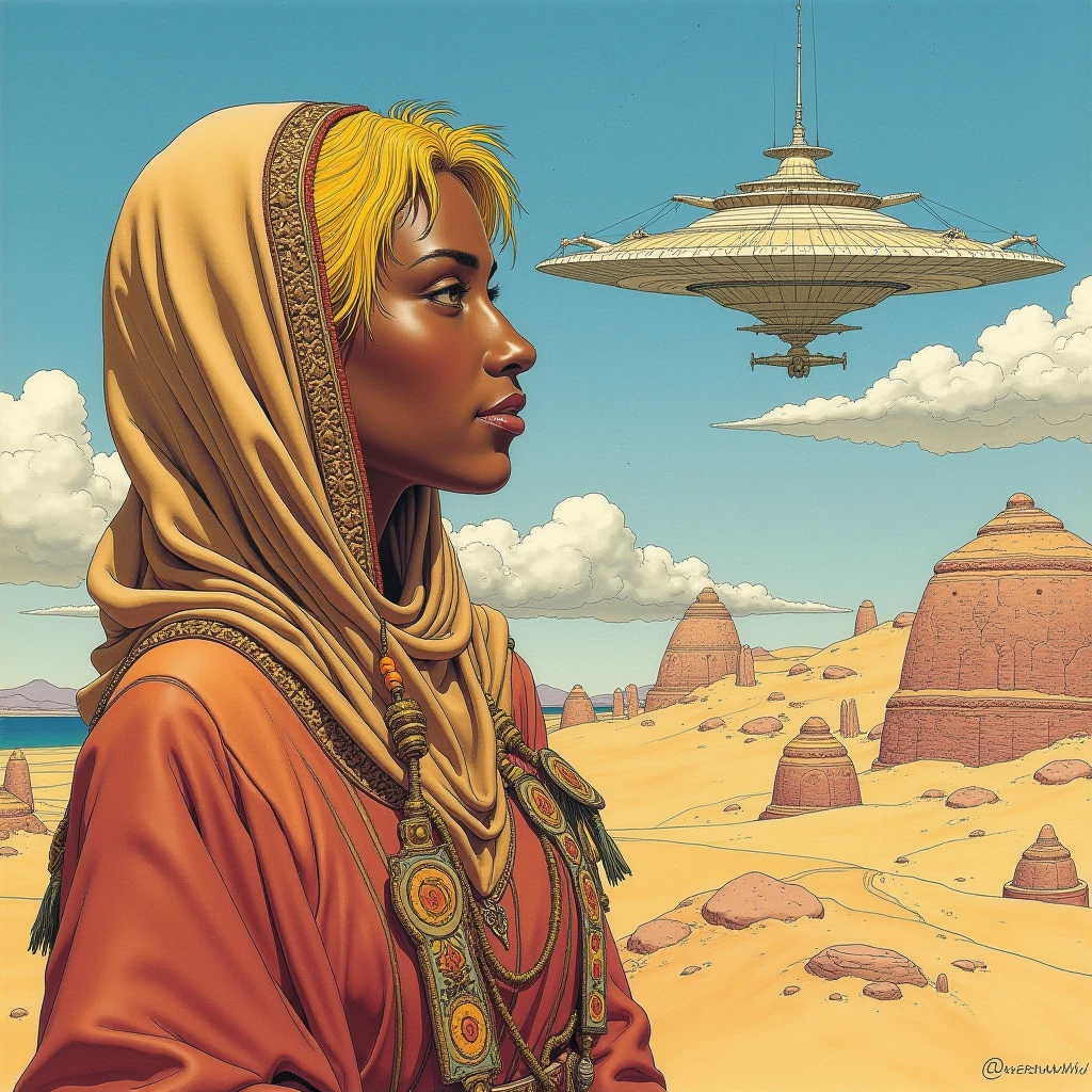 In style of Moebius. Closeup portrait of black woman with blonde hair dressed as bedouin on the top of the mountain near breathtaking desert alien ocean. Huge retrofuturistic spaceship in the skies.