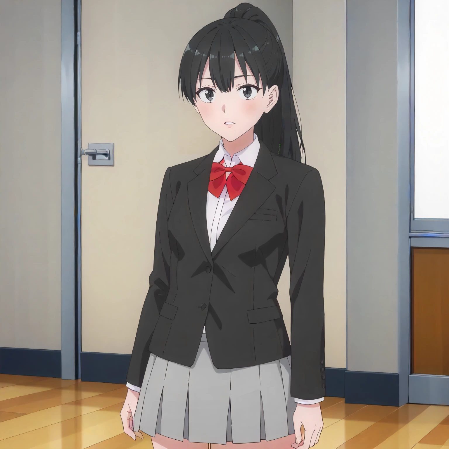 <lora:25DS_MidoriTakiXLpony001>,
school,
looking at viewer,parted lips,
solo,
MidoriTaki,1girl,black hair,ponytail,black eyes,
black blazer,red bowtie,
gray skirt,
standing,