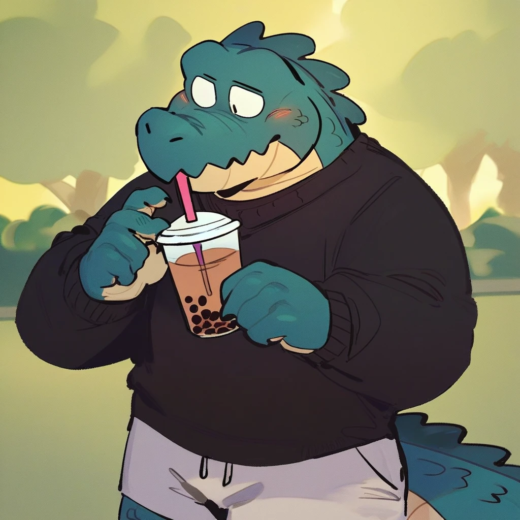 score_9_up, score_8_up, score_7_up, source_furry, Duncan, anthropomorphic crocodile, crocodile, dark teal color, dark teal body, bigger build, furry male, furry, 1boy, solo, black sweater, gray shorts, holding, bubble tea, in park, park