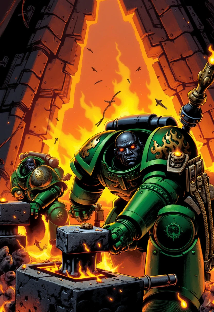 In the heart of a massive forge, a Salamanders Space Marine works tirelessly at an anvil, hammering a glowing blade with practiced precision. The comic panel captures the intense heat of the forge, with molten metal and sparks flying around the Marine as he shapes the weapon. His green armor is smeared with soot and ash, the flame motifs glowing faintly in the dim light of the forge. The Marine’s jet-black skin and red eyes stand out against the bright glow of the forge, highlighting his intense focus on his work. The background shows other Marines at work, each engaged in crafting or maintaining weapons and armor, underscoring the Salamanders’ dedication to their craft. The style uses bold, clean lines and a deep color palette, with the bright orange and yellow of the forge fires contrasting with the dark, shadowy interior of the forge. The scene is one of intense focus and skill, emphasizing the Salamanders' reputation as master artisans and warriors