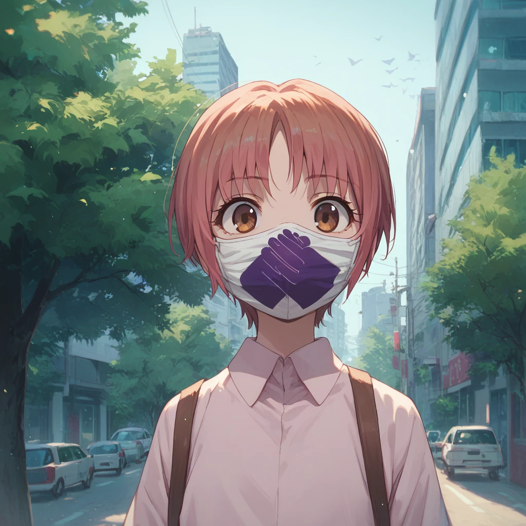 score_9, score_8_up, score_7_up, iizumi-rita, toaru, 1girl, solo, mask, short hair, looking at viewer, mouth mask, shirt, brown eyes, collared shirt, tree, brown hair, upper body, pink hair, city