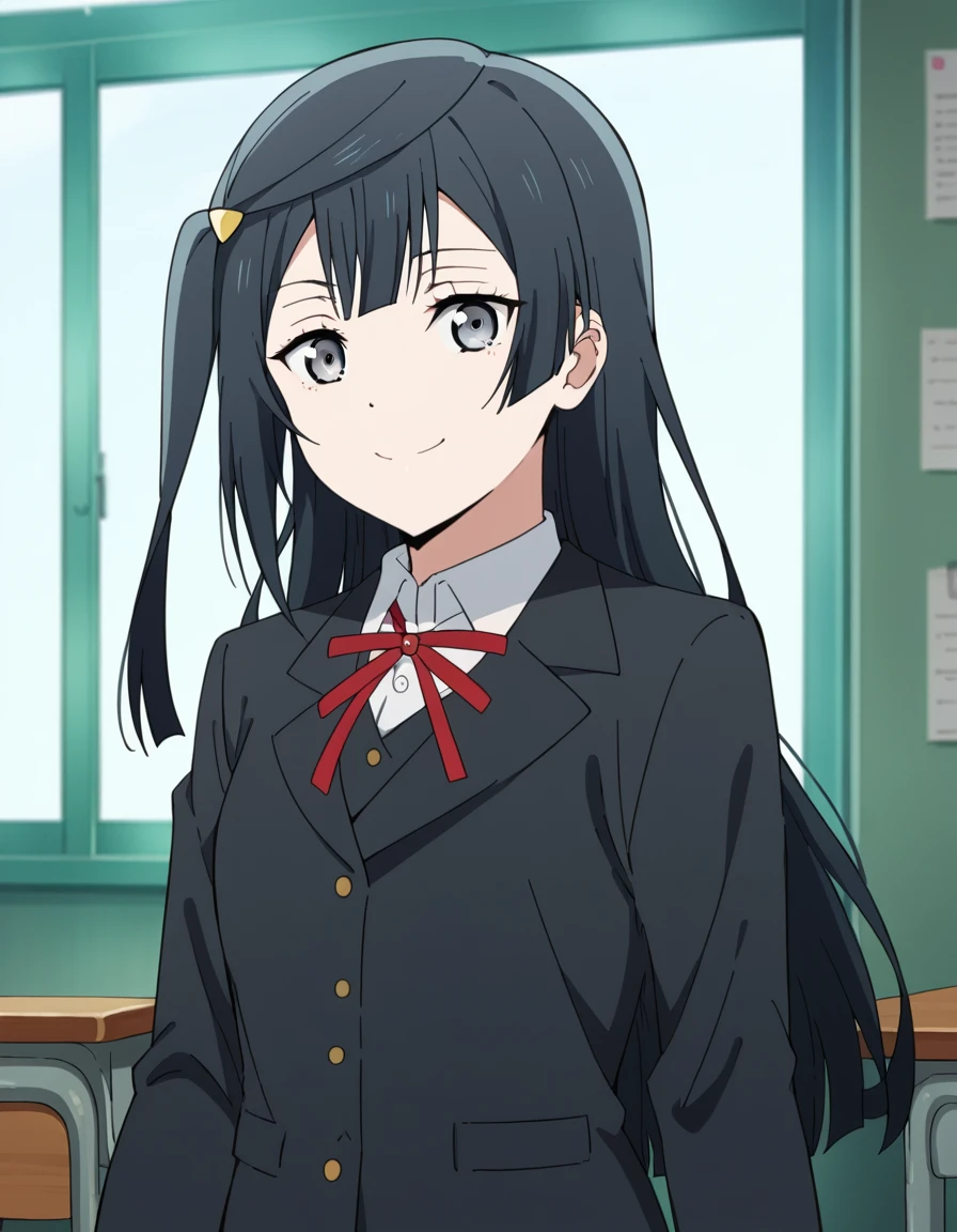 score_9, score_8_up, score_7_up, source_anime, <lora:setsuna-yuuki-s2-ponyxl-lora-nochekaiser:1>, setsuna yuuki, yuuki setsuna (love live!), long hair, bangs, black hair, sidelocks, grey eyes, one side up, hair ornament,, skirt, long sleeves, school uniform, jacket, red ribbon, black jacket, blazer, nijigasaki academy school uniform,, indoors, smile, looking at viewer, solo,, cowboy shot, dutch angle