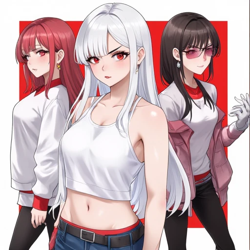 gloves, white shirt, red eyes, earrings, sweater, long hair, one eye closed, sunglasses, 3girls