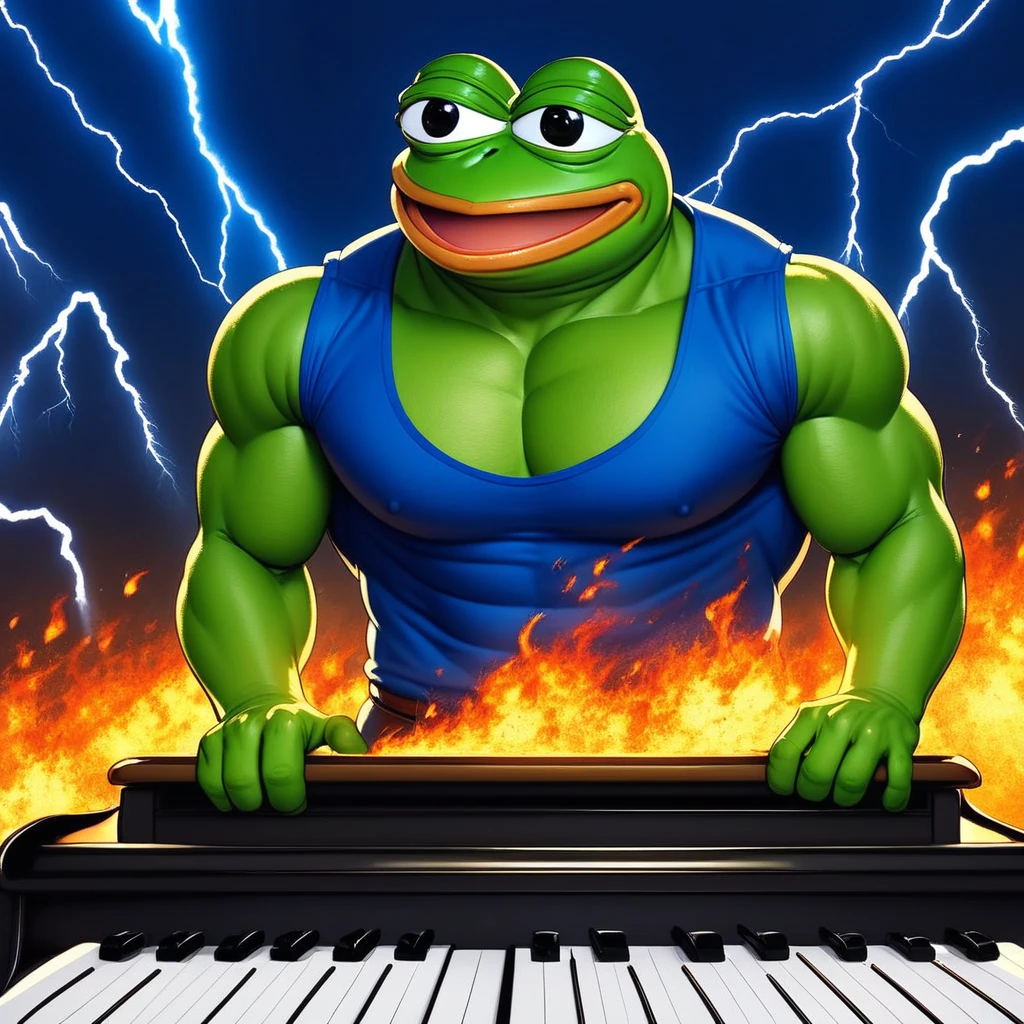 kappa, internet meme, blue jacket, audience, piano, brown belt, large pectorals, formal, male focus, pepe meme, gradient background, simple background, black eyes, pectorals, meme, bara, green skin, outdoors, open mouth, orange background, pepe the frog, anthropomorphic frog, fire, blue background, blue shirt, lightning, sleeveless, muscular, indoors, close-up