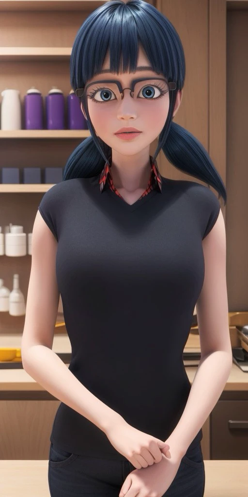 Hyperrealistic, photorealistic, super detailed, blue eyes, black square-shaped glasses, shoulder-length black hair with blue reflections tied back in ponytails, light pink lips, body like in real life, large pores, light skin-tone, slender, beautiful arms, little breasts, unreal engine, octane render, droped shadow, bokeh, cinematic lighting, <lora:add_detail:0.5>, <lora:Volumetric_lighting:0.6>, Socqueline Wang, <lora:2e3d8eda-f9e4-4a3e-a875-3900cd8f995c:0.7>