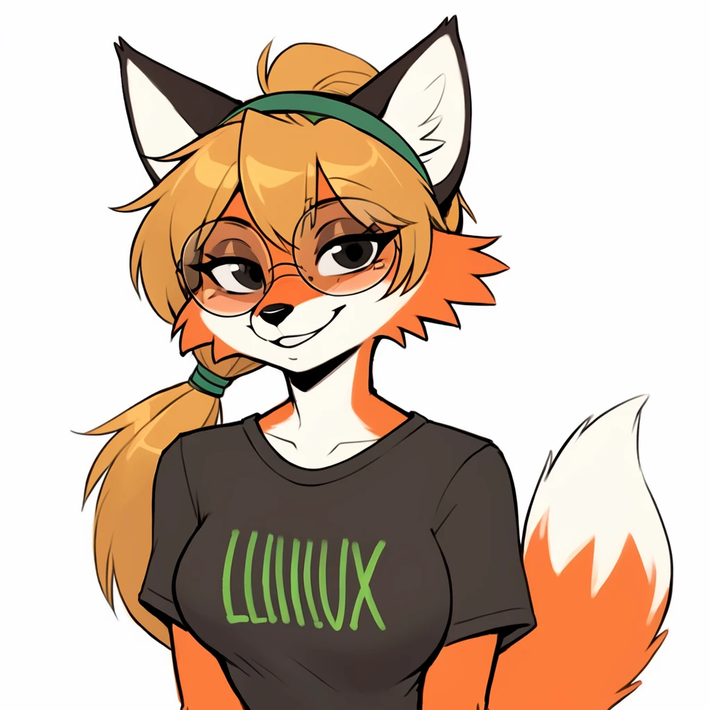 best quality, high quality, masterpiece, furry, xenia_linux_fox, female, red fox, fox girl, two-tone fur, dark yellow hair, long hair, ponytail hair, close up, portrait, smile, clothes, black t-shirt, title, green title, green "LINUX" title on t-shirt, text on shirt, short sleeves, black eyes, simple eyes, black glasses, round glasses, blue hairband, fox tail, white background, flat colors,  <lora:fluffyrock-quality-tags-v4:1>,  <lora:Xenia_Lunix_Fox_LoRA_v1.0:0.7>