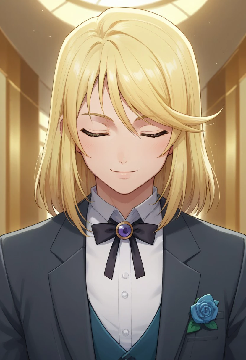 score_9, score_8_up, score_7_up, source_anime, highly detailed, 
mithos, blonde hair, solo, male focus, 1boy, closed eyes, smile, formal,
suit, androgynous, looking at viewer, ribbon,  neck ribbon, upper body, indoor,