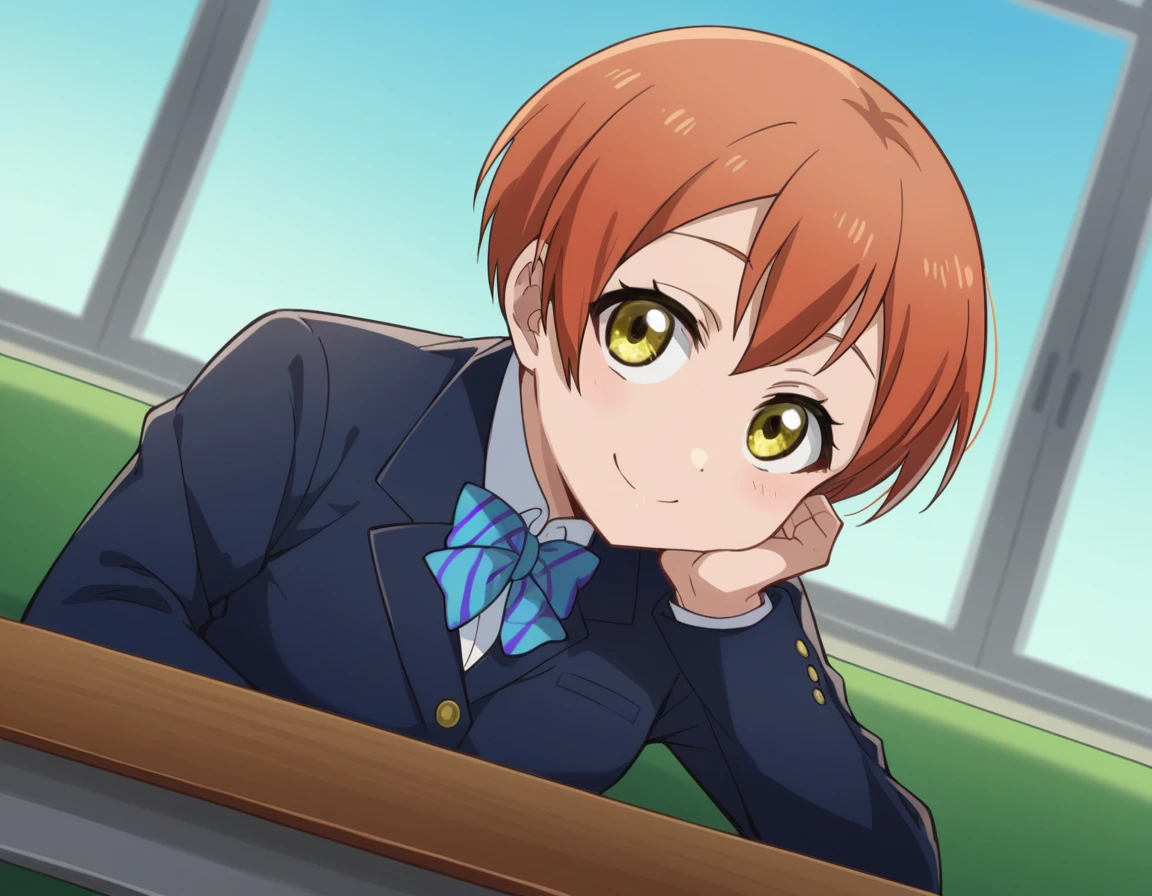 score_9, score_8_up, score_7_up, source_anime, <lora:rin-hoshizora-s1-ponyxl-lora-nochekaiser:1>, rin hoshizora, short hair, jacket, yellow eyes, orange hair, pixie cut,, skirt, school uniform, jacket, blazer, winter uniform, otonokizaka school uniform,, indoors, smile, looking at viewer, solo, sitting, head rest, table,, cowboy shot, dutch angle