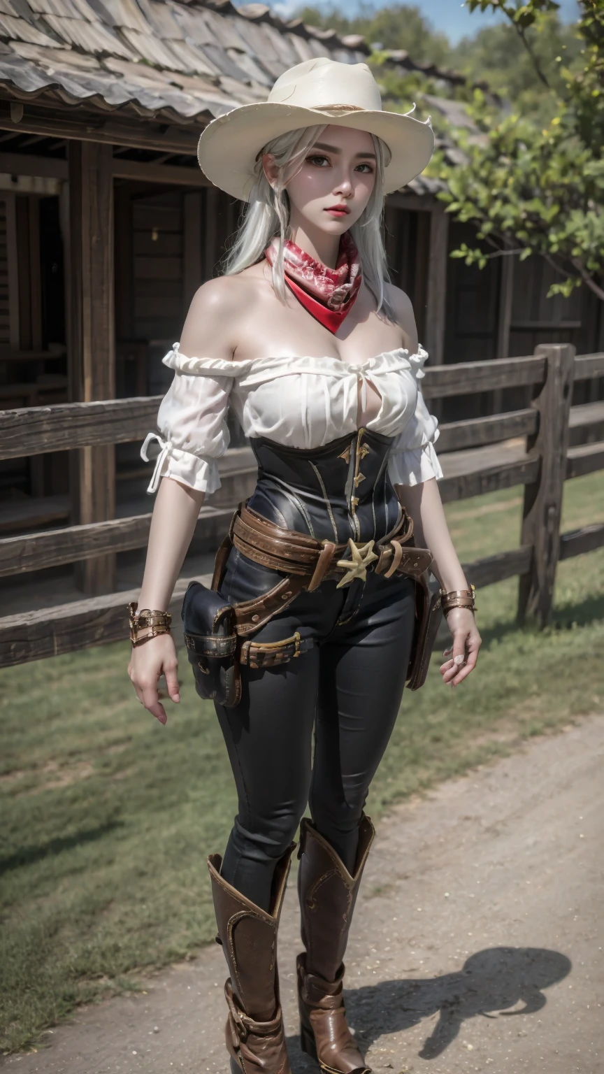 masterpiece,(bestquality),ultra-detailed,photorealistic,1girl,solo,accessories,<lora:Camael_Cowboy outfit:0.7>,<lora:ntmix1:0.6>,Camael_Cowboy outfit,strapless,outdoor,white hair,cowboy scarf,plains,full body,cowboy hat,