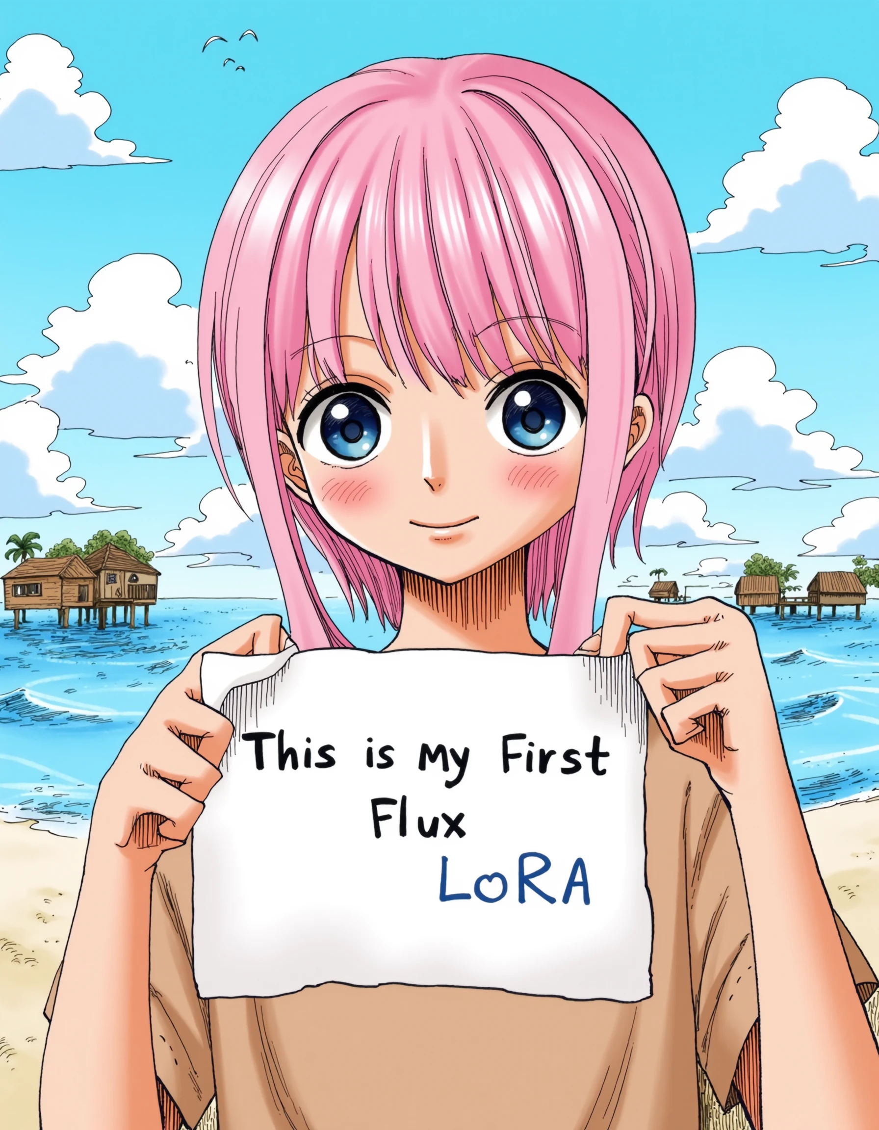 a girl with very short pink hair and bright blue eyes, posing for a photoshoot with the Maldives in background, she is holding a torn paper with written "This is My First Flux LoRA" on3pi3c3styl3 <lora:OnePieceStyleLoraFluxv1:1>