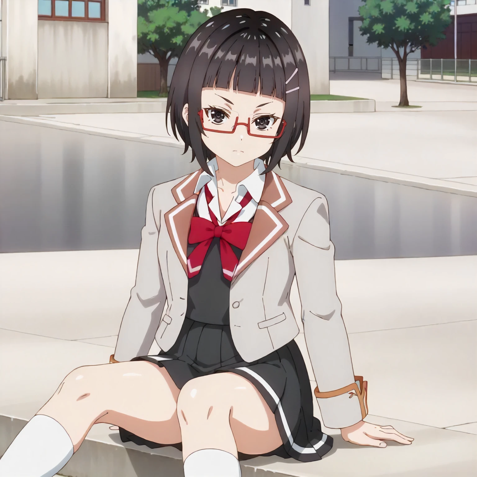 <lora:ASHHFiR_SayakaTaniyamaXLpony004>,
outdoors,
looking at viewer,
solo,
SayakaTaniyama,1girl,black hair,short hair,black eyes,red eyewear,hairclip,
school_uniform,gray jacket,red ribbon tie,open jacket,
white socks,
sitting,