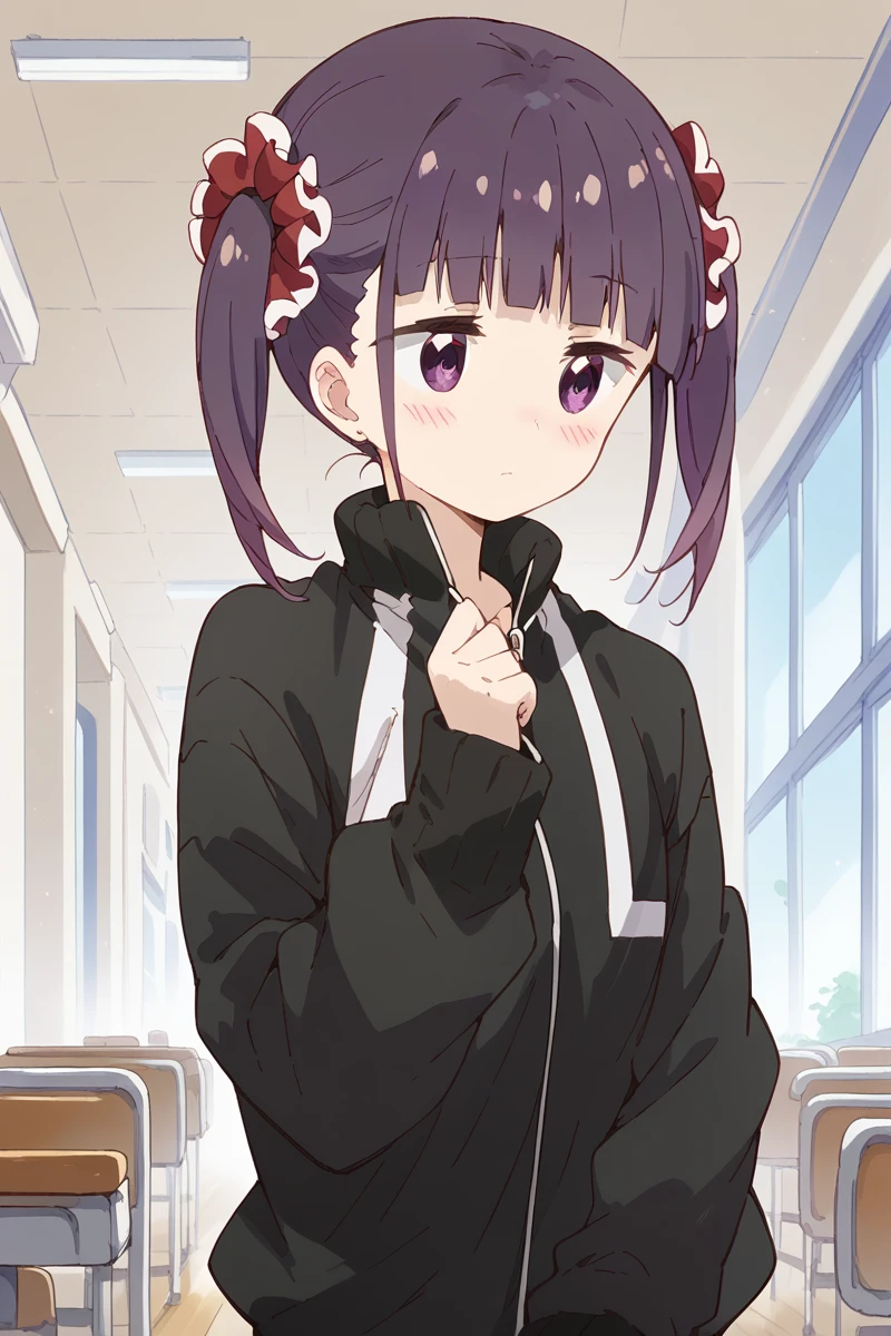 score_9, score_8_up, score_7_up, score_6_up,
 <lora:Shizuku_Minami:1> shizuku, 1girl, twintails, jacket, blush, track jacket, scrunchie, hair ornament, long sleeves, purple eyes, bangs, black jacket, hair scrunchie, purple hair, indoors