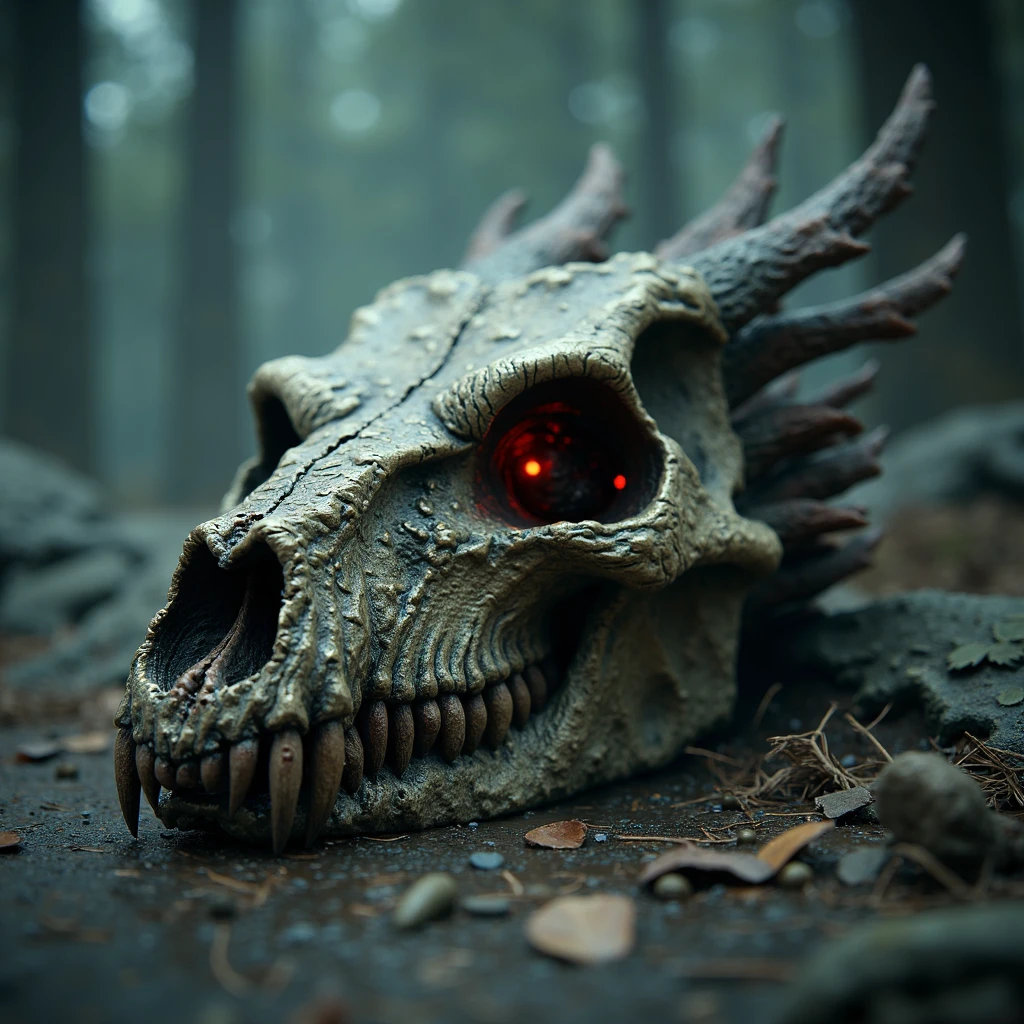 elden ring style, giant dragon mosnter creature skull palced on ground, skull is mythical and damageed, shape of skull is deformed, dark and eerie atmosphere, chromatic aberration and film grain, fantasy <lora:sxz-eldenring-aitoolkit-flux:1>