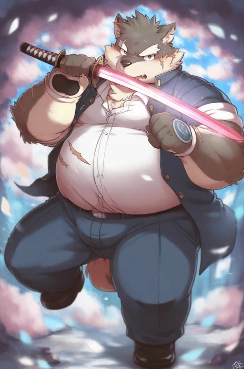 by takemoto arashi,by lindong,anthro,hdr BREAK zPDXL,kemono,plush fur,anime artwork,vibrant,anime style,studio anime,highly detailed,moritaka,male focus,1boy,sword,solo,plump,furry,furry male,holding sword,holding weapon,animal ears,belly,scar,scar on face,bara,school uniform,tail,full body,pectorals,fat,dog boy,katana,short hair,<lora:moritaka_SDXL_indigo(v2)-000010:1>,black eyes,