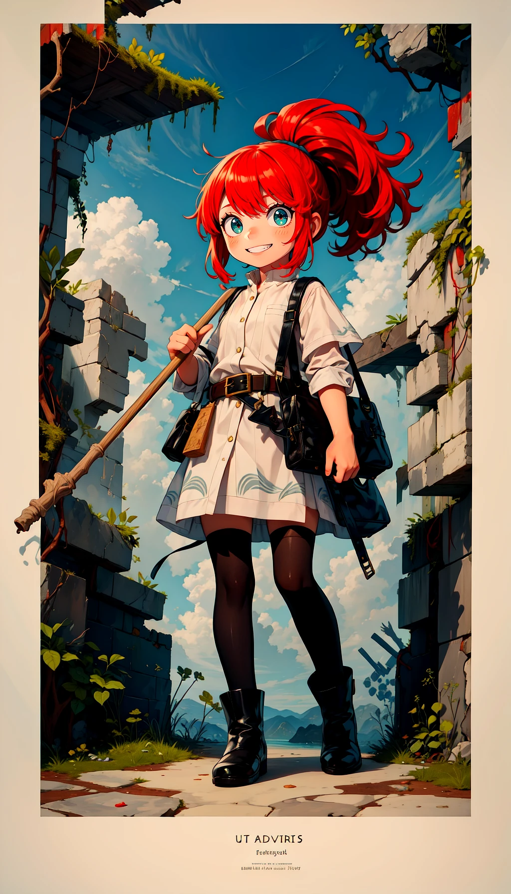 masterpiece, best quality, ultra-detailed, cinematic,wide shot,
A lively young girl with sparkling eyes explores ancient ruins,her vibrant red hair tied in a ponytail as she excitedly uncovers mysteries. Dressed in a green adventurer's outfit with a compass hanging from her belt,she's holding an ancient map in one hand and a magic staff in the other. Her confident grin reveals determination as she navigates through the ruins,surrounded by intricate carvings and overgrown vegetation. The atmosphere is a mix of curiosity,wonder,and the thrill of discovery. BREAK 1girl,red hair,smile,ponytail,adventurer outfit,black thighhighs,boots,holding large staff,compass ornament on bag,ancient map,confident grin,ruins,cave,vegetation,discovery,moss-covered rocks,