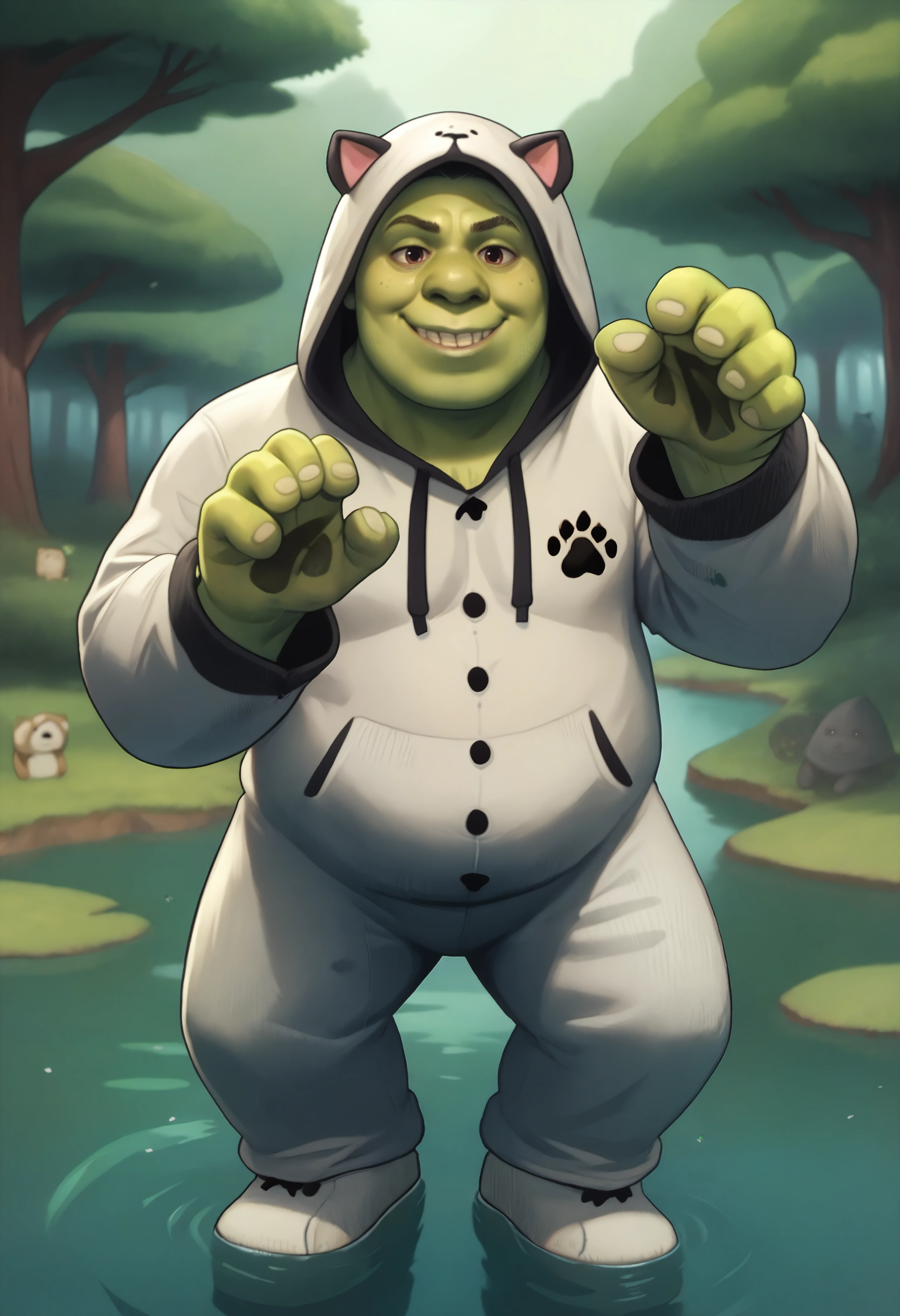 score_9, score_7_up BREAK male focus,shrek, green skin,outdoors,swamp,alternate costume,onesie,hood up,fake animal ears,paw pose,plump,paw print,smile <lora:ickpot_pd:1> <lora:Shrek_XLPD:0.8>