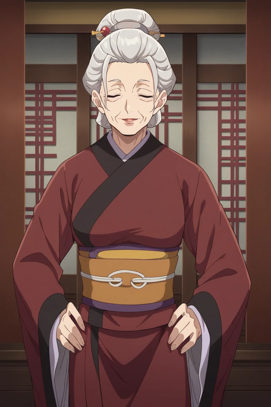 Score_9, suiren,1girl,solo,old woman,grey hair, single hair bun,brown eyes,kimono,chinese clothes,hands on own hips,lips,cowboy shot,closed eyes,looking at viewer,light smile,indoors,
<lora:suiren:0.8>