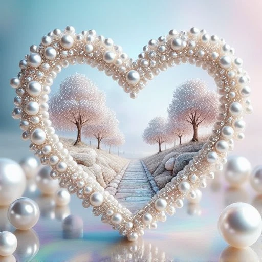 A heart-shaped frame surrounded by pearls, with a pearly landscape of trees and a stone path inside of it. It sits on a reflective pearlescent surface.