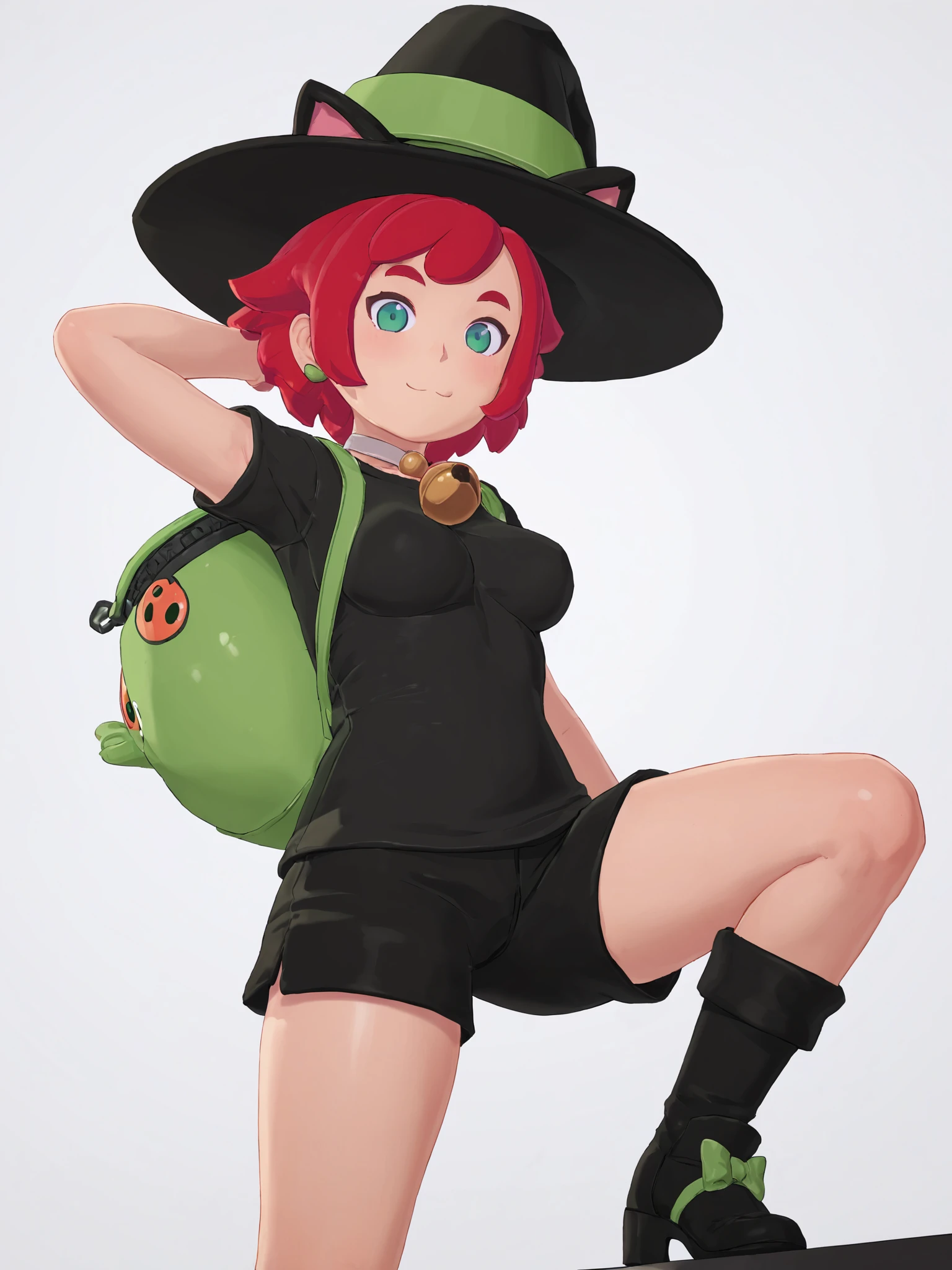 score_9, score_8_up, score_7_up, score_6_up, BREAK white background, <lora:Mika_TheWitch_PDXLv0.1:0.6> 1girl, mika, outfit3, red hair, green eyes, black shirt, black shorts, neck bell, black witch hat, cat ears, black footwear, green backpack straps, frog backpack, aged up, medium breasts, adult