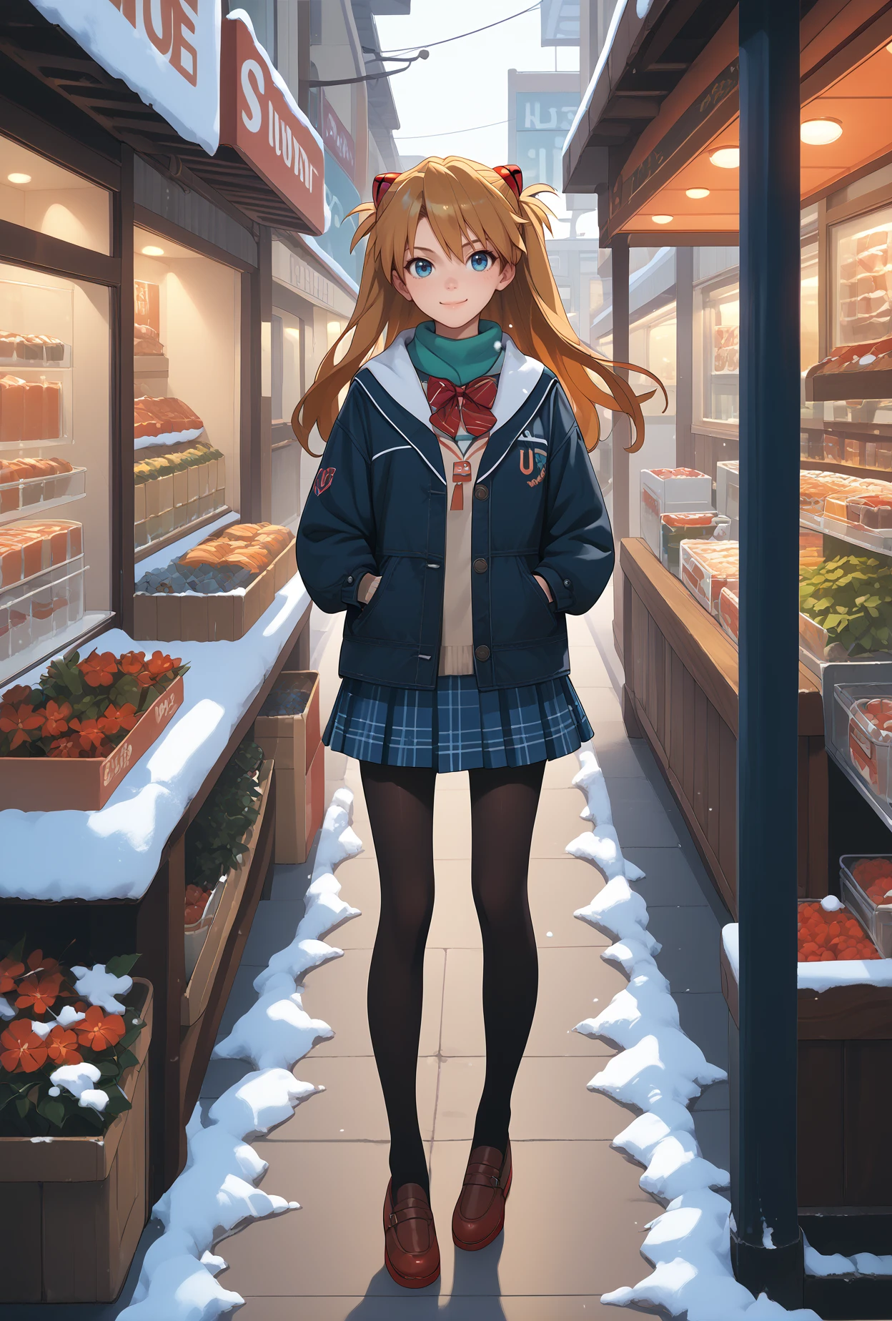 score_9, score_8_up, score_7_up, score_6_up, score_5_up, score_4_up,anime source,
[1girl souryuu asuka langley  blonde hair blue eyes]
street,shop, smile,snow,
serafuku,bowtie, plaid skirt,pantyhose,hands in pocket,<lora:Eva08XLPony:1>