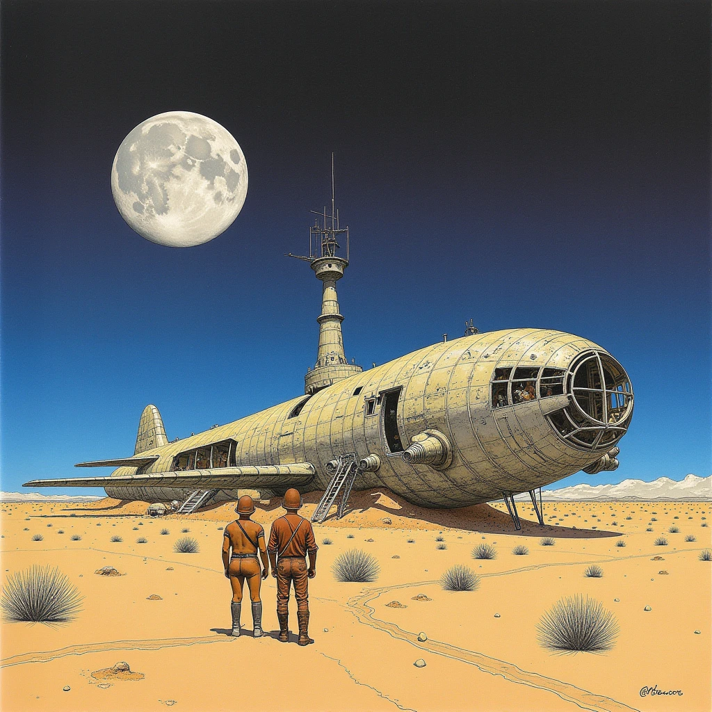 In style of Moebius. Closeup portrait of man and woman standing in the desert near an abandoned starship. Strange moon in the skies.