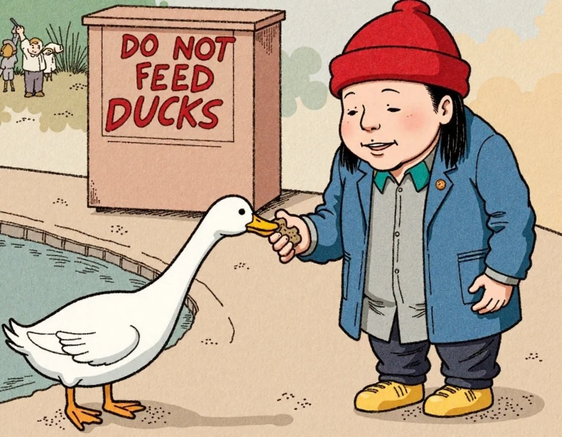 <lora:Tatsuro_Yamashita_FLUX:0.8> Tatsuro Yamashita in a red knit cap is hand-feeding bread to a duck in front of a sign that has text "DO NOT FEED DUCKS"