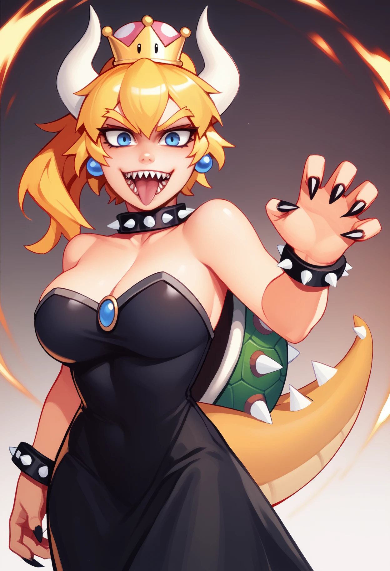 score_7_up, score_6_up, solo, 1girl, bowsette, sharp teeth, smile, open mouth, tongue out, looking at you, standing, claw pose, blonde hair, ponytail, white horns, super crown, blue eyes, black dress, strapless dress, sleeveless dress, earrings, spiked collar, cleavage, large breasts
<segment:yolo-face_yolov8m.pt,0.4,0.5//cid=1>