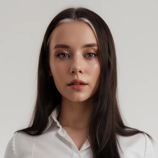 (cinematic light), (plain white background), (portrait, close-up), (standing), (long hair, black hair, white hair), (white collared shirt)  arilaviee <lora:Arilavieev5-000008:0.95>