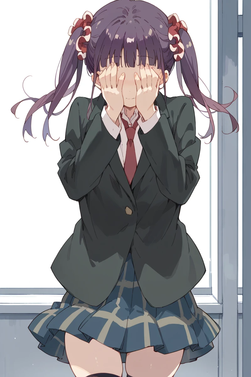 score_9, score_8_up, score_7_up, score_6_up,
 <lora:Shizuku_Minami:1> shizuku, 1girl, twintails, solo, school uniform, skirt, thighhighs, necktie, covering face, black thighhighs, purple hair, blazer, jacket, plaid skirt, zettai ryouiki, plaid