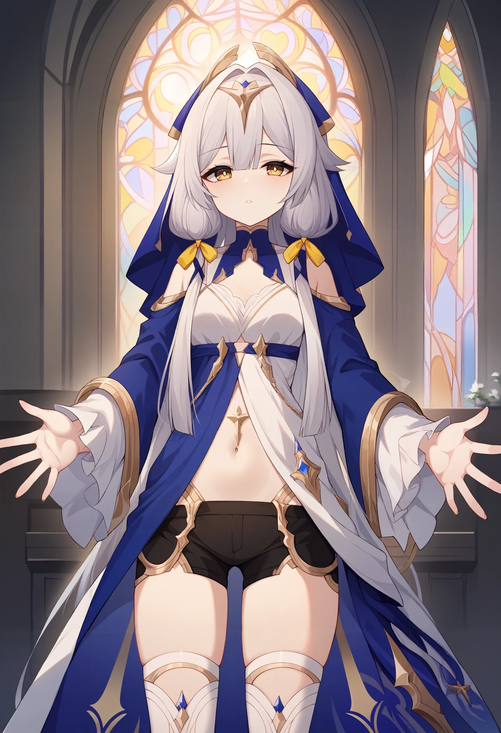 (score_9,score_8_up,score_7_up,),uncensored,
<lora:Honkai_Serapeum_pony:1>,Honkai_SLPM,1girl,solo,yellow eyes,white thighhighs,long hair,dress,blue  dress,white dress,looking at viewer,outstretched arms,black shorts,wide sleeves,long sleeves,navel,veil,bangs,
looking at viewer,looking_at_viewer,cowboy_shot,
indoor,church,glass window,large window,arms_crossed,