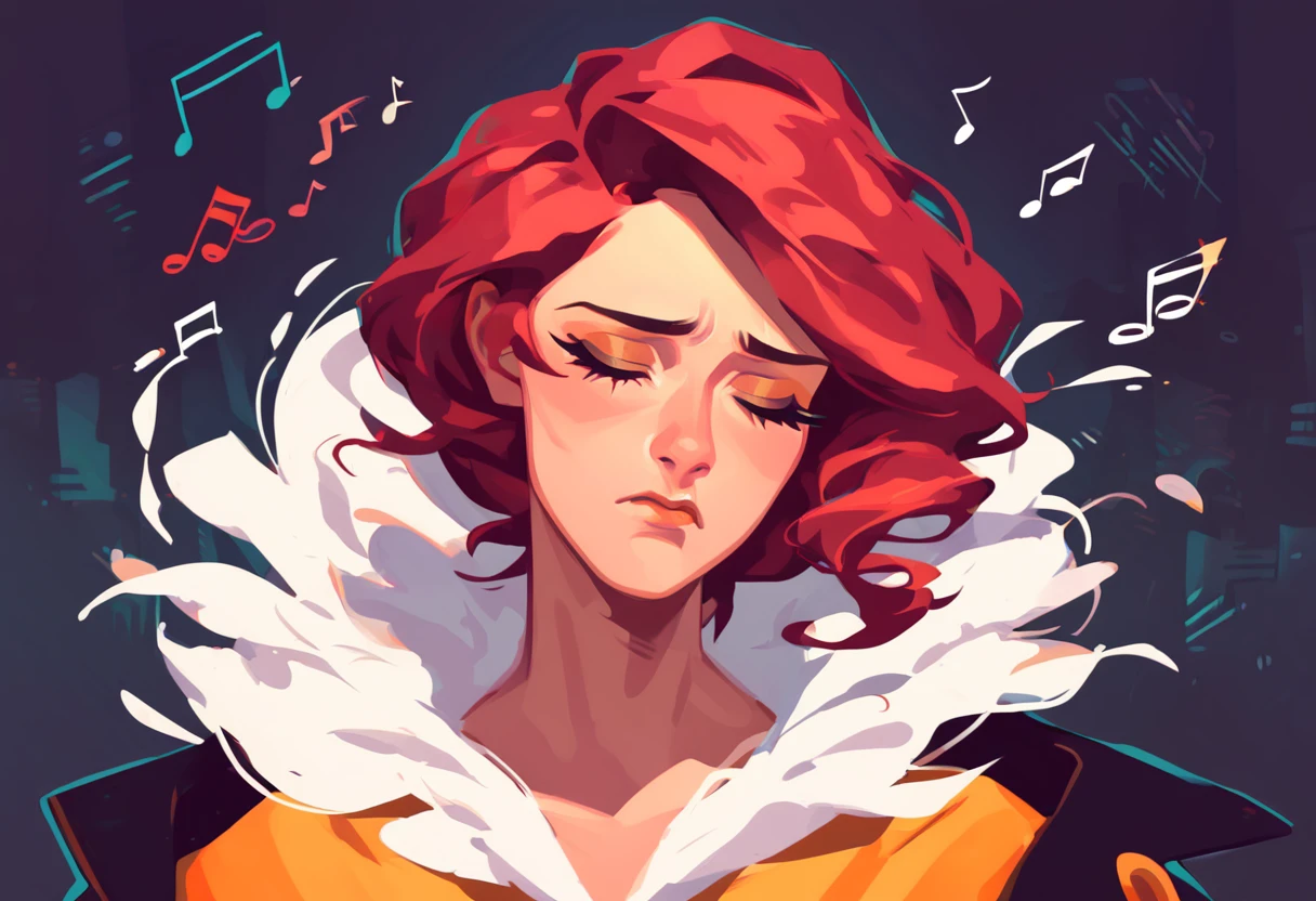 score_9, score_8_up, score_7_up, best quality, highres, Red, transistor, 1girl, upper body, dress, jacket, dark background, city, looking at viewer, sad, music notes, closed mouth, closed eyes, <lora:Red_Transistor:1>