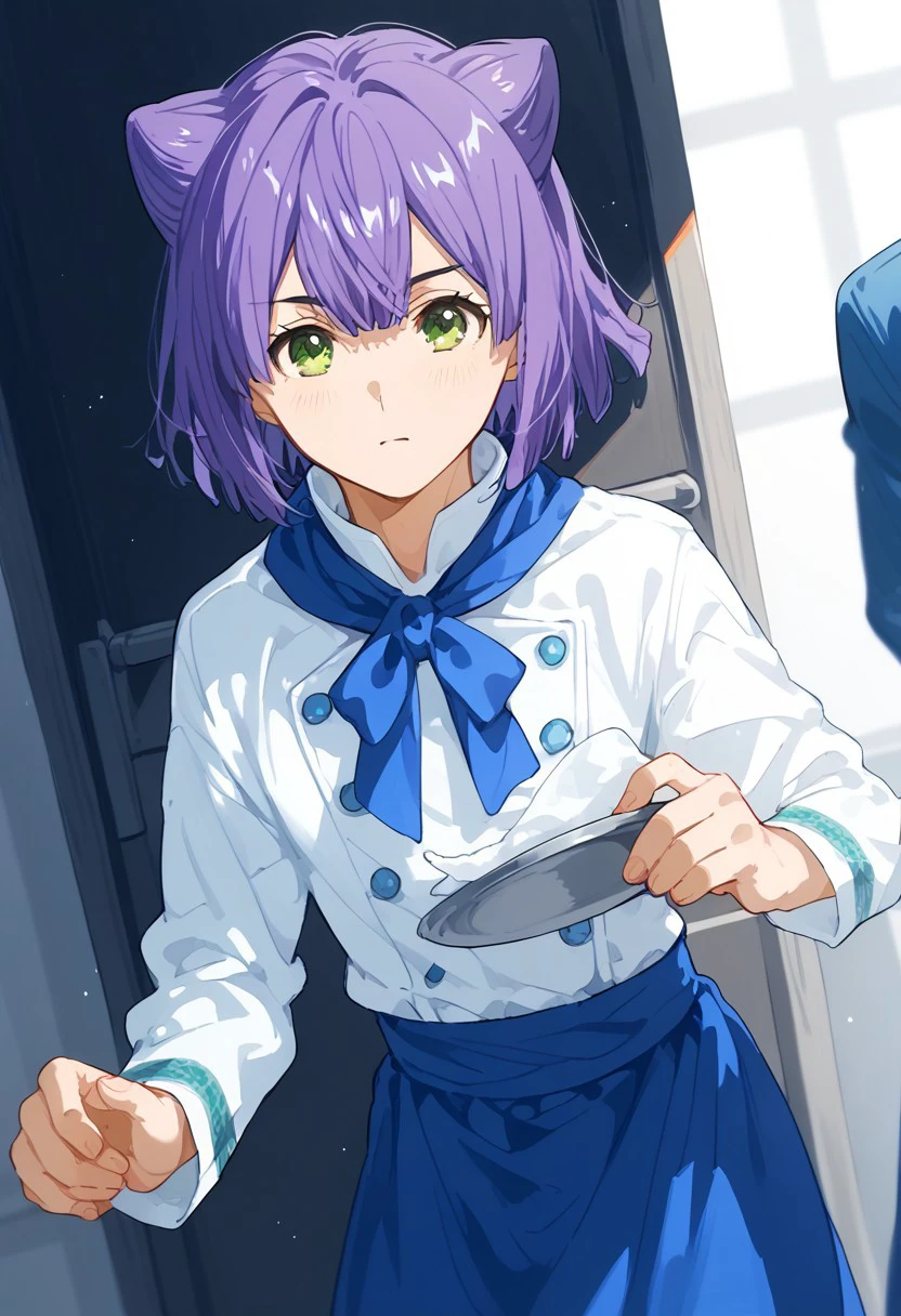 score_9, score_8_up, score_7_up, source_anime, rating_safe, MomoSNS, green eyes, purple hair, 1boy, male focus, white Momo shirt, blue Momo neckerchief, blue Momo waist apron, solo focus,