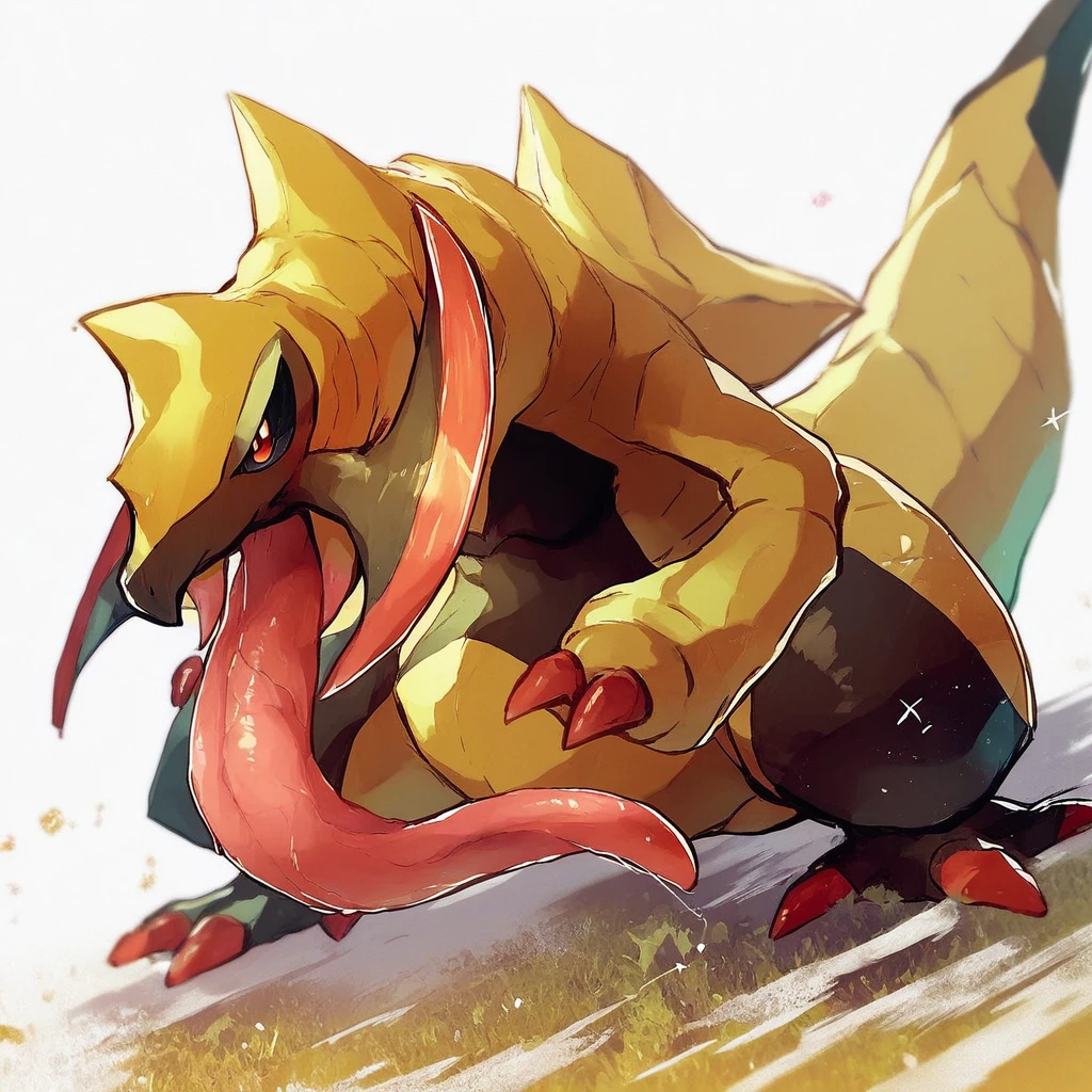 score_9, score_8_up, score_7_up, source_anime, Haxorus, pokemon (creature), hyper tongue, feral, solo