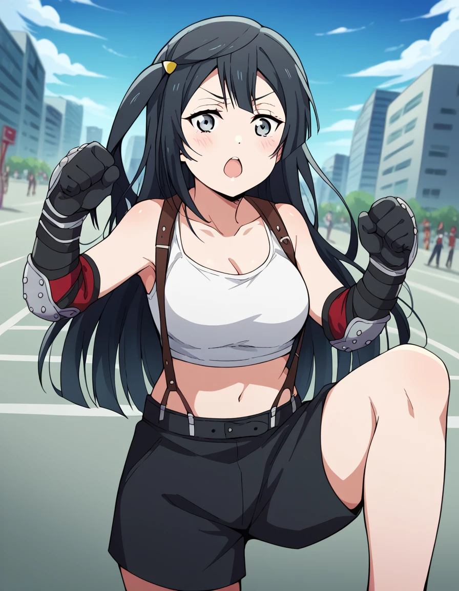 score_9, score_8_up, score_7_up, source_anime, <lora:setsuna-yuuki-s2-ponyxl-lora-nochekaiser:1>, setsuna yuuki, yuuki setsuna (love live!), long hair, bangs, black hair, sidelocks, grey eyes, one side up, hair ornament,, <lora:tifa-lockhart-cosplay-ponyxl-lora-nochekaiser:1>, tifalockhartcosplay, tifa lockhart (cosplay), suspender skirt, suspenders, navel, midriff, white tank top, cleavage, elbow pads, crop top, tank top, shorts, short shorts, collarbone, gloves, elbow gloves,, cityscape, street, blush, open mouth, fighting stance, leg lift, leg up, , cowboy shot, dutch angle