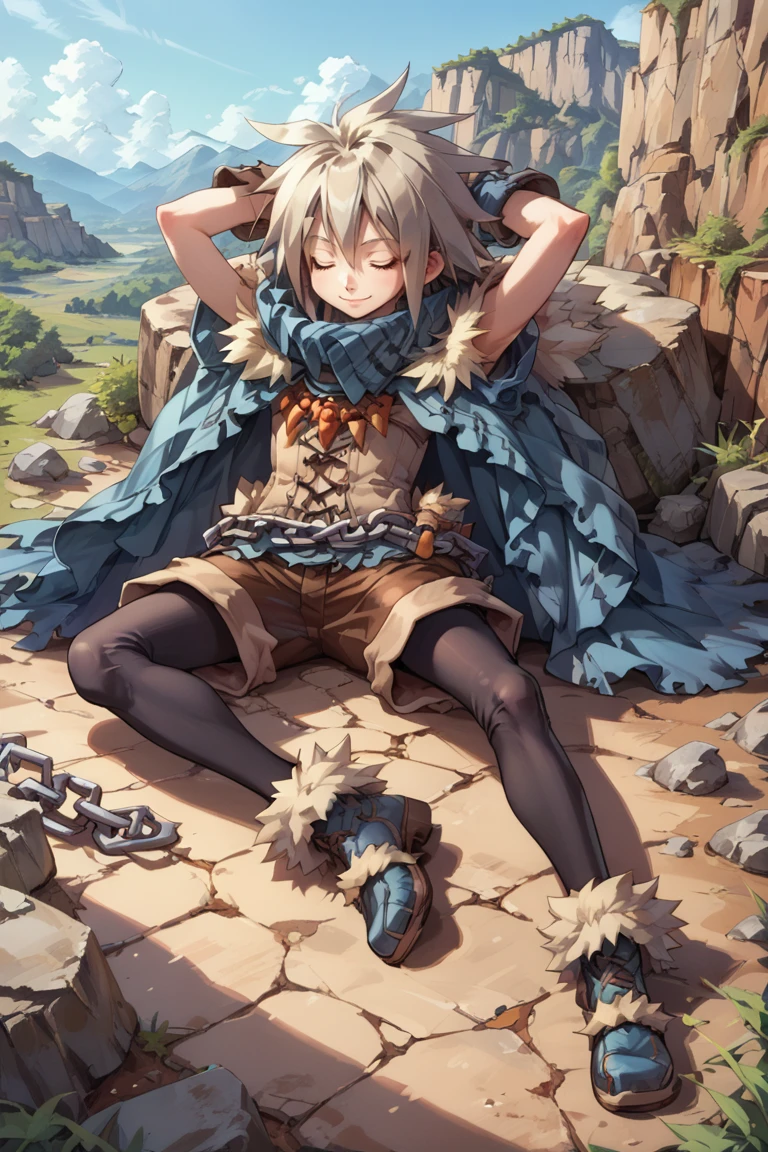 (score_9, score_8_up, score_7_up, score_6_up), source anime, BREAK, solo, <lora:Milanor:0.7> , miladef, 1boy, grey hair, spiked hair, closed eyes, fur trim, blue cloak, gloves, corset, chain belt, brown shorts, leggings under shorts, black leggings, blue footwear, exterior, outdoors, canyon, mountains, cliffs, valleys, wasteland, resting, on back, lazy, sleeping, full body, seductive, smile, closed mouth, <lora:cr33pp41ntXLP:0.3> , cr33pp41nt, hands behind head, <lora:zy_Detailed_Backgrounds_v1:0.5> , detailed background, highly detailed,   <lora:backgroundsetXL:0.4> , background,