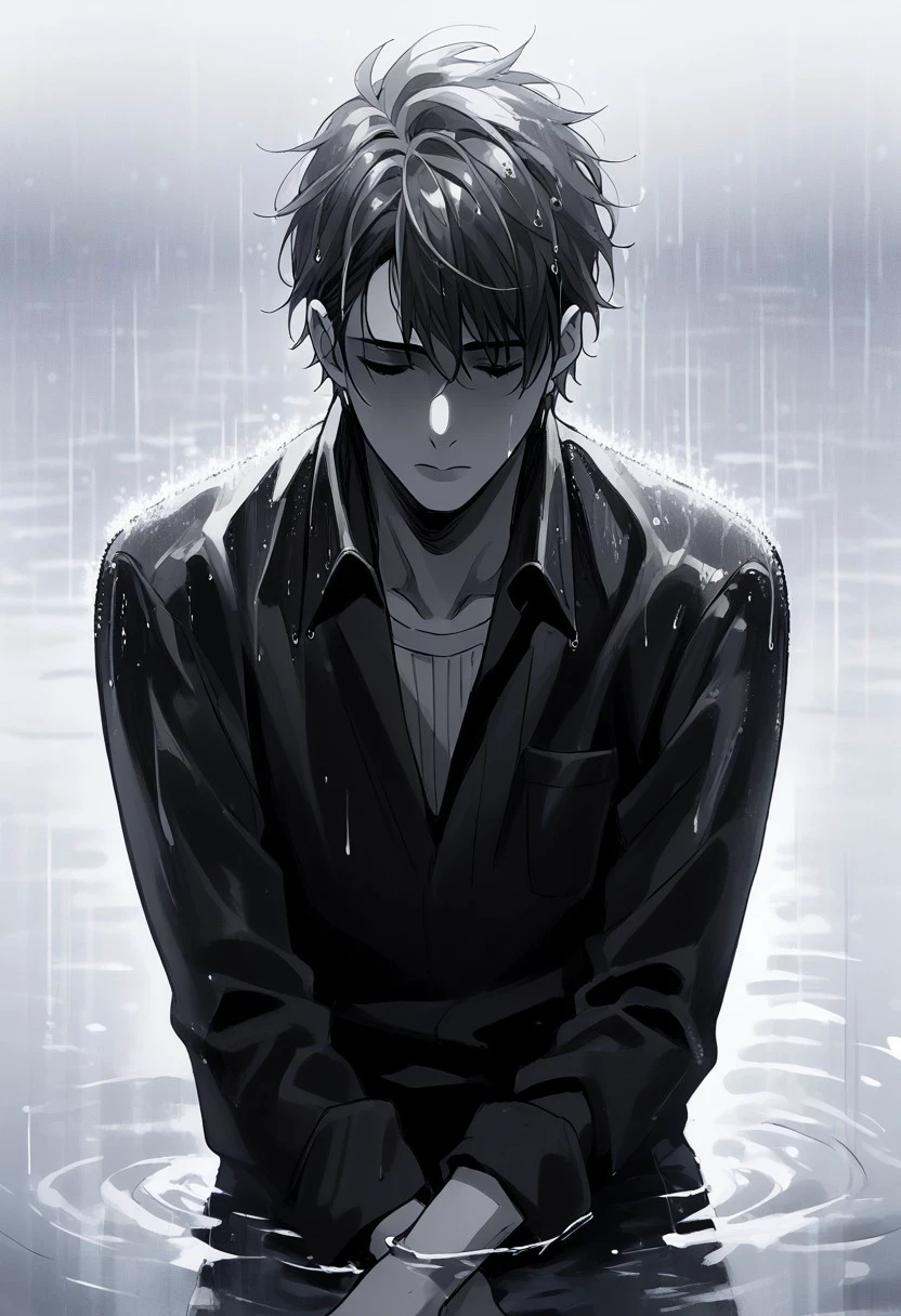 score_9, score_8_up, score_7_up, source_anime, rating_safe, monochrome, raining, water, KojiroSNS, shaded face, 1boy, male focus, casual clothes, partially submerged, s4ltflats, gradient background, sad-loneliness, particles,